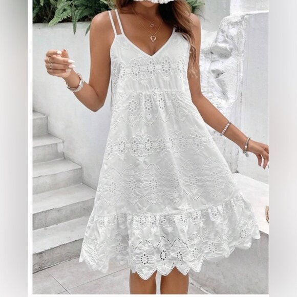 French Eyelet Embroidery Ruffle Hem Cami Dress White - Picture 2 of 5